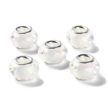 Shell Filling Brass Cores Acrylic European Beads, Rondelle, Large Hole Bead, Faceted, Silver, White, 15x8mm, Hole: 5mm