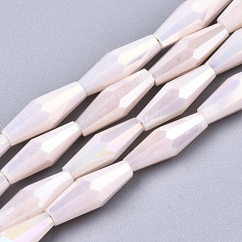 Electroplate Glass Beads Strands, AB Color Plated, Faceted Bicone, Misty Rose, 12x4mm, Hole: 0.8mm, about 59~60pcs/strand, 27.56 inch(70cm)