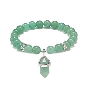 Natural Green Aventurine Round Beaded Stretch Bracelet with Bullet Charms, Gemstone Yoga Jewelry for Women, Inner Diameter: 2~2-1/8 inch(5.1~5.3cm)