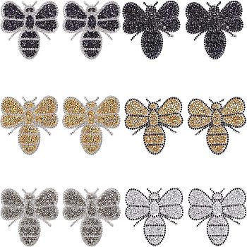 Rhinestones Sew on/Iron on Patches, Appliques, Costume Accessories, Bee, Mixed Color, 68x80x2mm, 6 colors, 2pcs/color, 12pcs/box