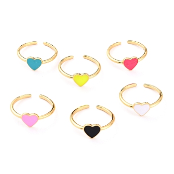 Brass Enamel Cuff Rings, Open Rings, Heart, Real 18K Gold Plated, Mixed Color, US Size 7 1/4(17.5mm)