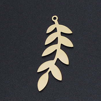201 Stainless Steel Pendants, Leaf, Golden, 37x13x1mm, Hole: 1.5mm