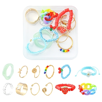 12Pcs 12 Style Cherry & Strawberry & Flower Glass Seed & Polymer Clay Heishi Beaded Stretch Finger Rings, Acrylic Curb Chain Rings, Copper Wire Open Cuff Rings for Women, Mixed Color, US Size 6 1/2~9 3/4(16.9~19.5mm), 1Pc/style