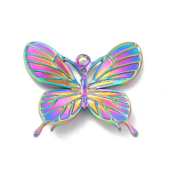 Ion Plating(IP) 304 Stainless Steel Pendants, Butterfly Charm, Rainbow Color, 31.5x36x3.5mm, Hole: 2mm