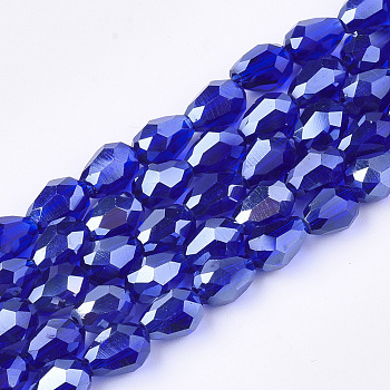 Electroplate Glass Beads Strands, Faceted, Pearl Luster Plated, Teardrop, Medium Blue, 7.5~8x6mm, Hole: 1mm, about 66~68pcs/strand, 22.6 inch