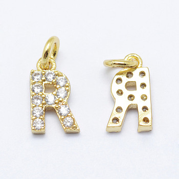 Brass Micro Pave Grade AAA Cubic Zirconia Charms, Letter R, Cadmium Free & Nickel Free & Lead Free, Real 18K Gold Plated, 9x5x1.5mm, Hole: 2mm