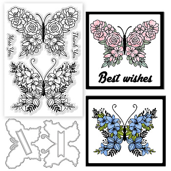 1Pc Carbon Steel Cutting Dies Stencils, for DIY Scrapbooking, Photo Album, Decorative Embossing Paper Card, Stainless Steel Color, with 1Pc Plastic Clear Stamps, Butterfly, Cutting Dies Stencils: 155x104x0.8mm
