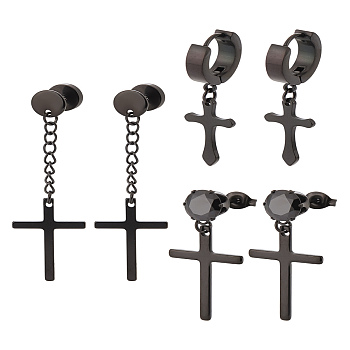 6Pcs 3 Style 304 Stainless Steel Earring Sets, Cross, Black, 33.5~57x11.5~16mm, 2pcs/style
