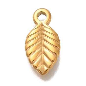 Ion Plating(IP) 304 Stainless Steel Charms, Leaf Charm, Real 18K Gold Plated, 13x7x2mm, Hole: 1.5mm