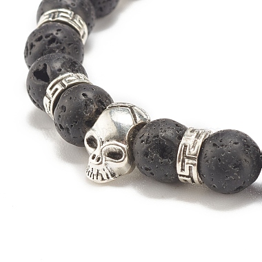 Bracelet extensible en pierre de lave naturelle avec tête de mort en alliage(BJEW-JB07865-01)-3