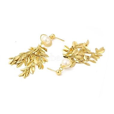 ABS Pearl with Leafy Branch Dangle Stud Earrings(EJEW-E270-13G)-2