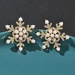 Snowflake Brass Micro Pave Cubic Zirconia Stud Earrings, with Plastic Pearl, Rack Plating, Long-Lasting Plated, Cadmium Free & Lead Free, Real 18K Gold Plated, 28x24mm(EJEW-G452-03G)