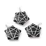 Natural Obsidian Pendants, with Platinum Tone Copper Wire Wrapped, Cadmium Free & Lead Free, Star, 37~41x29~31x9~11mm, Hole: 4.5~6mm(G-D458-07P-02-RS)