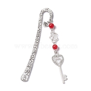 Mother's Day Key & Infinity Love Heart Pendant Bookmark with Synthetic Turquoise, Flower Pattern Tibetan Style Alloy Hook Bookmarks, 124x21x3mm, Pendant: 102x17.5x8.5mm(AJEW-JK00259-02)