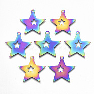 Ion Plating(IP) 201 Stainless Steel Pendants, Etched Metal Embellishments, Star, Rainbow Color, 26x26x0.3mm, Hole: 1.8mm(X-STAS-R114-023)