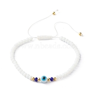Adjustable Nylon Thread Braided Bead Bracelets, Faceted Rondelle Glass Beads, Handmade Evil Eye Lampwork Round Bead, White, Inner Diameter: 2-1/2 inch(6.4~11.7cm)(BJEW-JB06440-01)