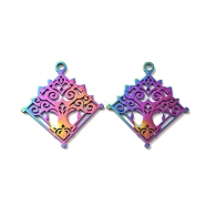 Ion Plating(IP) 304 Stainless Steel Pendant, Rhombus with Tree Charm, Rainbow Color, 33.5x30x1mm, Hole: 2.5mm(STAS-H212-39MC)