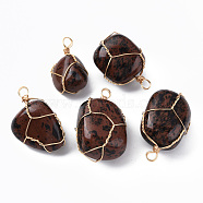 Natural Mahogany Obsidian Pendants, with Golden Plated Brass Wire Wrapped, Nuggets, 14~25x15~32x13~21mm, Hole: 4mm(G-N332-50-13)