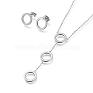 Round Ring 304 Stainless Steel Jewelry Sets, Cable Chains Pendant Necklaces and Stud Earrings, with Ear Nuts and Lobster Claw Clasps, Stainless Steel Color, 19.96 inch(50.7cm), 10.5mm, Pin: 0.7mm(SJEW-M097-22P)