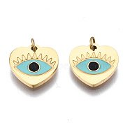 316 Surgical Stainless Steel Enamel Charms, with Jump Rings, Real 14K Gold Plated, Heart with Evil Eye, Pale Turquoise, 9.5x10x1mm, Jump Ring: 2.7x0.4mm, 1.9mm inner diameter(X-STAS-S116-379B-G)