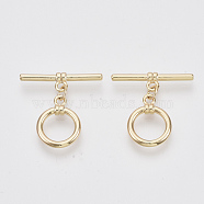 Brass Toggle Clasps, Real 18K Gold Plated, Round Ring, Nickel Free, 26mm Long, Bar: 26x7x4mm, Hole: 2mm, Ring: 18x14x2mm, Hole: 2mm, Jump Ring: 5x3x1mm(KK-N216-44)