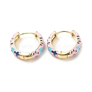 Flower Enamel Hoop Earrings, Gold Plated Brass Hinged Earrings for Women, Pink, 20x22x5mm, Pin: 0.9mm(EJEW-G290-02G-B)