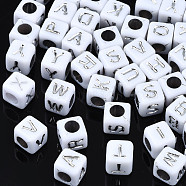 Silver Plating Acrylic Beads, Metal Enlaced, Cube, Random Mixed Letters, 6x6x6mm, Hole: 3mm(PACR-S219-22B)