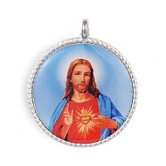 Jesus Pattern Flat Round Alloy Pendants, Platinum, Sky Blue, 35x30x2mm, Hole: 2mm(PALLOY-F061-02P)