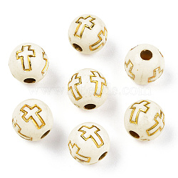 Plating Acrylic Beads, Golden Metal Enlaced, Round with Cross, Beige, 8mm, Hole: 2mm, about 1800pcs/500g(PACR-Q113-01)