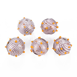 Transparent Handmade Blown Glass Globe Beads, Bumpy, Round with Stripe Pattern, Saddle Brown, 15x16~18mm, Hole: 1.2~2mm(GLAA-T012-15)
