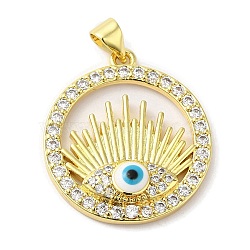 Rack Plating Brass Micro Pave Cubic Zirconia Pendants, with Enamel, Long-Lasting Plated, Lead Free & Cadmium Free, Round Ring with Evil Eye, Real 18K Gold Plated, 25x22x4.5mm, Hole: 4x3.5mm(KK-F854-05G)