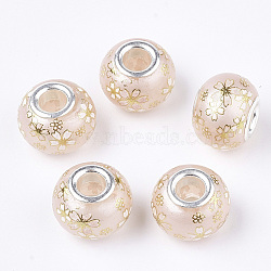 Glass European Beads, Large Hole Beads, with Platinum Tone Brass Double Cores, Rondelle with Sakura, PeachPuff, 14x10~11mm, Hole: 5mm(GPDL-Q023-01J)