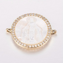 Brass Micro Pave Cubic Zirconia Links, Clear, with Shell, Flat Round with Virgin Mary, Golden, 18x23x4mm, Hole: 1mm(ZIRC-E150-02G)