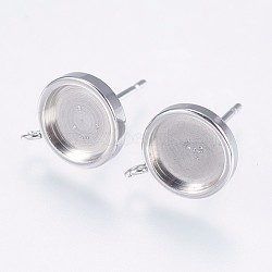 Non-Tarnish 304 Stainless Steel Stud Earring Settings, with Loop, Flat Round, Stainless Steel Color, Tray: 8mm, 13x10mm, Hole: 1.5mm, Pin: 0.8mm(STAS-I097-062-8MM)
