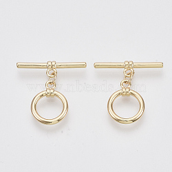 Brass Toggle Clasps, Real 18K Gold Plated, Round Ring, Nickel Free, 26mm Long, Bar: 26x7x4mm, Hole: 2mm, Ring: 18x14x2mm, Hole: 2mm, Jump Ring: 5x3x1mm(KK-N216-44)