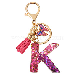 Alloy Resin Butterfly Keychains, with Lobster Claw Clasps, Golden, with Glitter Powder, Letter K, 100mm(KEYC-TADJ0002-02G-K)