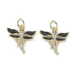 Brass Micro Pave Cubic Zirconia Pendants, with Enamel and Jump Ring, Dragonfly Charms, Black, 17x17.5x2mm, Hole: 4mm(KK-L209-075G-01)