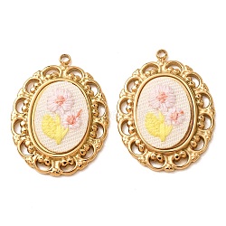 304 Stainless Steel & Cloth Embroidered Pendants, Oval with Flower Charms, Ion Plating(IP), Long-Lasting Plated, Real 18K Gold Plated, Misty Rose, 30.5x23x4mm, Hole: 1.9mm(FB-CBAFBAF-13G-01)
