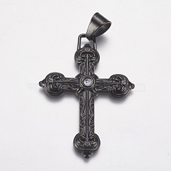 304 Stainless Steel Big Pendants, with Rhinestone, Cross, Gunmetal, 38x55x4mm, Hole: 7x9mm(STAS-K171-33B)