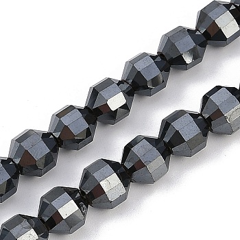 Electroplated Synthetic Non-magnetic Hematite Energy Prism Beads Strands, Faceted Bicone Barrel Drum Beads, Hematite Plated, 7x7mm, Hole: 1mm, about 53pcs/strand, 15.63 inch(39.7cm)