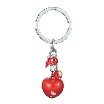 Valentine's Day Baking Painted Brass Bell Heart Keychain, with Glass Pendants and Alloy Split Key Rings, Red, 8cm