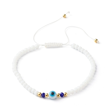 Adjustable Nylon Thread Braided Bead Bracelets, Faceted Rondelle Glass Beads, Handmade Evil Eye Lampwork Round Bead, White, Inner Diameter: 2-1/2 inch(6.4~11.7cm)