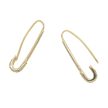 Brass Hoop Earrings, Lead Free & Cadmium Free, with Rhinestone, Safety Pin Shape , Golden, 31x8x1.9mm