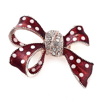 Zinc Alloy Crystal Rhinestone Bowknot Brooches, Enamel Pins for Women, FireBrick, Polka Dot, 32x42mm