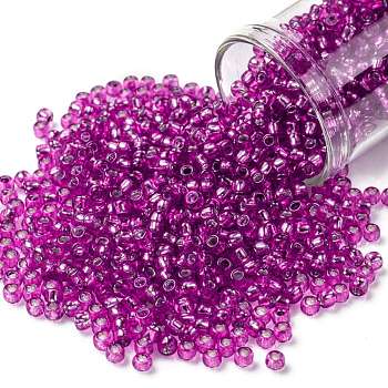 TOHO Round Seed Beads, Japanese Seed Beads, (2214) Silver Lined Hot Pink, 8/0, 3mm, Hole: 1mm, about 222pcs/bottle, 10g/bottle