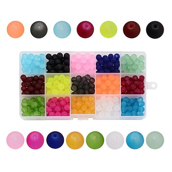 1Box 15 Color Transparent Glass Beads, Frosted, Round, Mixed Color, 10mm, Hole: 1.3~1.6mm, about 12pcs/color, 180pcs/box