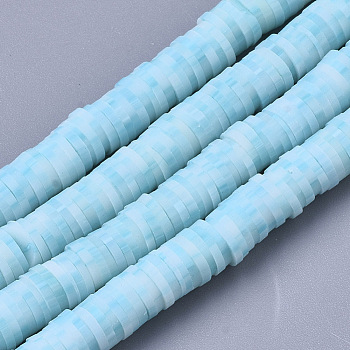 Handmade Polymer Clay Bead Strands, Heishi Beads, for DIY Jewelry Crafts Supplies, Disc/Flat Round, Light Sky Blue, 6x0.5~1mm, Hole: 2mm, about 320~450pcs/strand, 15.35 inch~16.92 inch(39~43cm)