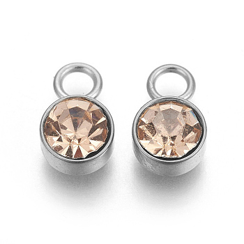 Glass Rhinestone Charms, Birthstone Charms, with Stainless Steel Color Tone 201 Stainless Steel Findings, Flat Round, Lt.Col.Topaz, 10x6x5mm, Hole: 2mm