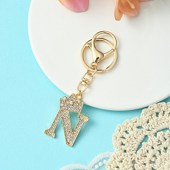 Golden Alloy Rhinestone Keychain, with Alloy Clasp and Iron Rings, Letter N, 10cm, Pendant: 42mm