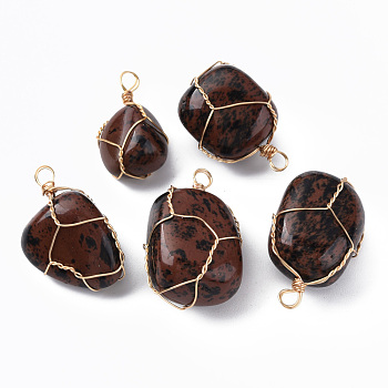 Natural Mahogany Obsidian Pendants, with Golden Plated Brass Wire Wrapped, Nuggets, 14~25x15~32x13~21mm, Hole: 4mm